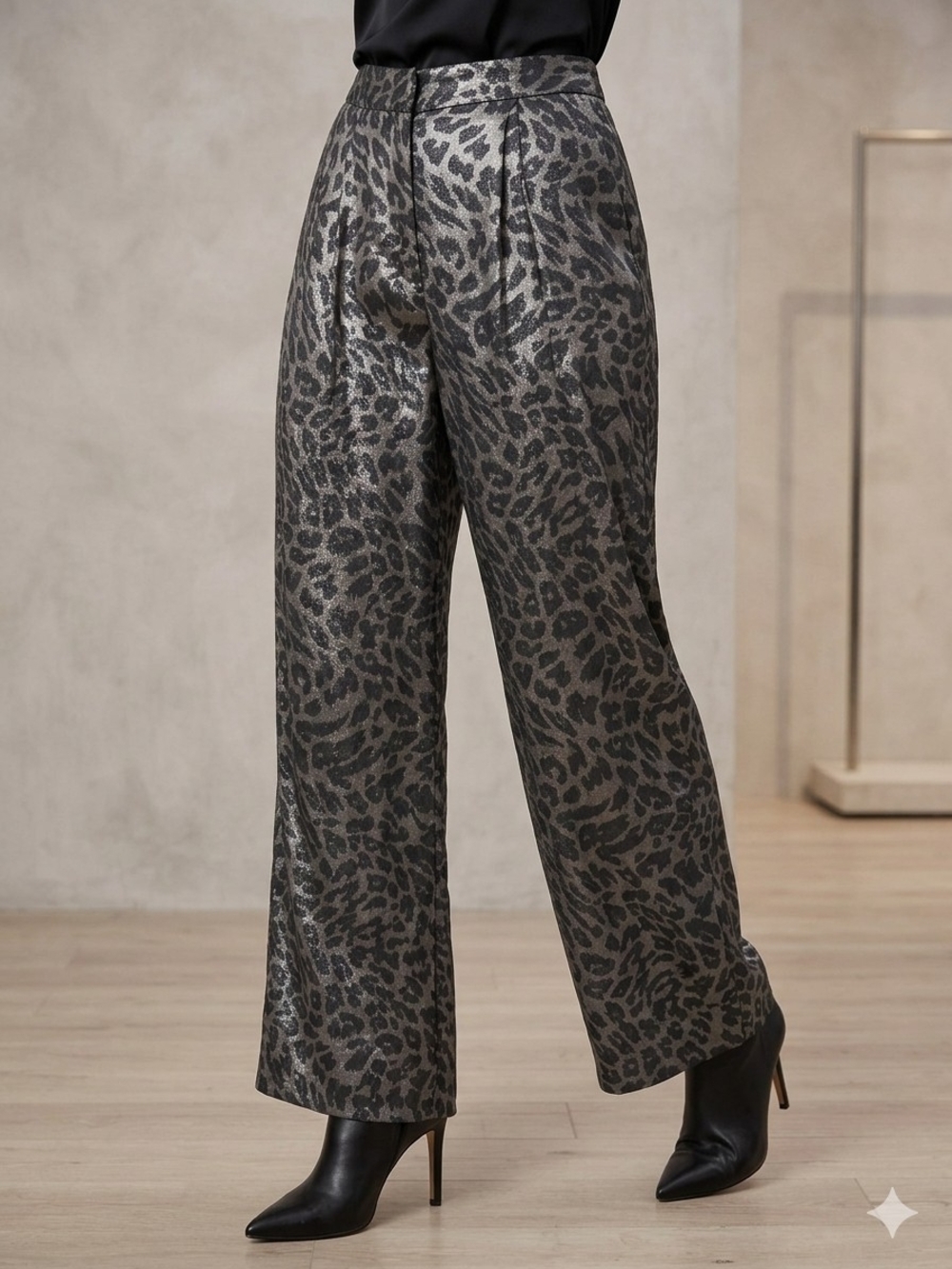 Vince Camuto Metallic Gray Leopard Wide-Leg Pants L Career Workwear Evening Wear